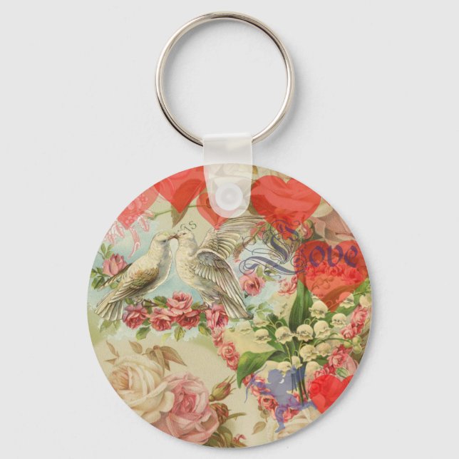 Love Birds Vintage Antique Heart Key Ring (Front)