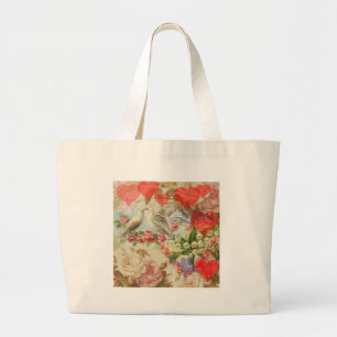 Love Birds Vintage Antique Heart Large Tote Bag