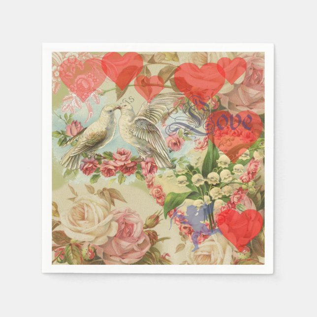 Love Birds Vintage Antique Heart Napkin (Front)