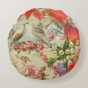 Love Birds Vintage Antique Heart Round Cushion