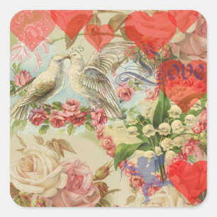 Love Birds Vintage Antique Heart Square Sticker