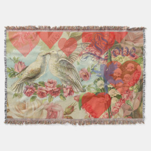 Love Birds Vintage Antique Heart Throw Blanket