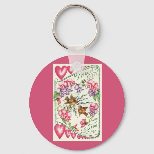 Love Birds Vintage Valentine's Day Keychain (Front)
