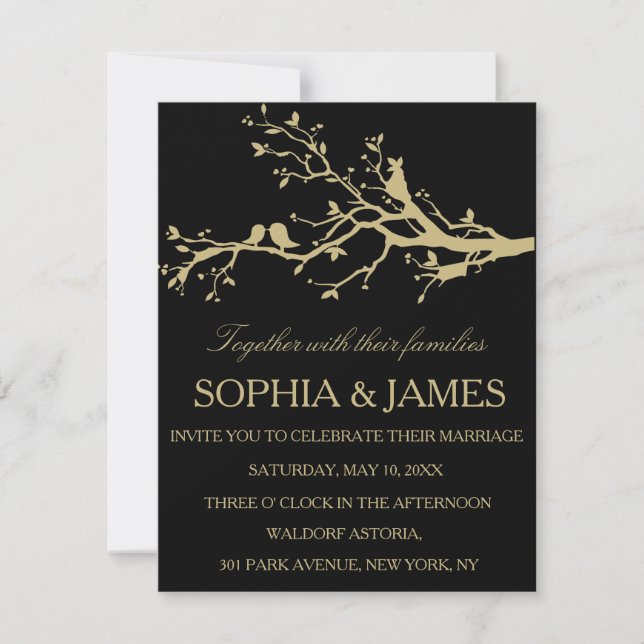 Love Birds Wedding Invitation gold black Customise (Front)