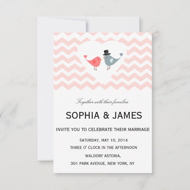 Love Birds Wedding Invitation Heart Chevron (Front)
