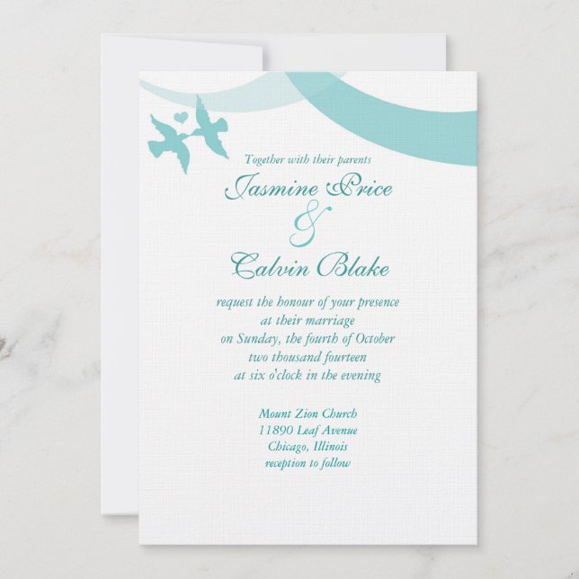 Love Birds Wedding Invitation, Teal Invitation (Front)