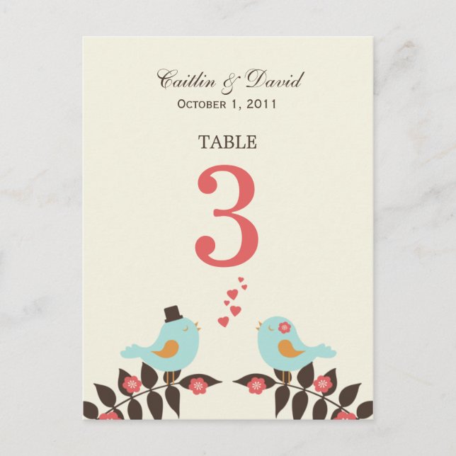 Love Birds Wedding Table Number Card (Front)
