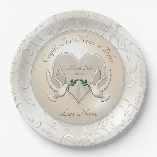 Love Birds Wedding Theme Paper Plates Names, Date (Front)