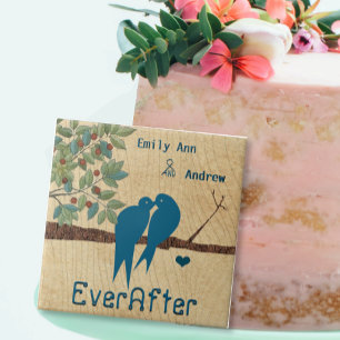 Love Birds Wood Grain Tree Ever After Anniversary Tile