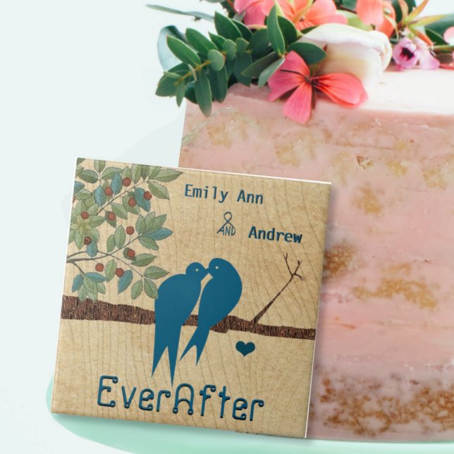 Love Birds Wood Grain Tree Ever After Anniversary Tile (Creator Uploaded)