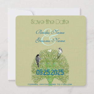 Love Birds Woodpecker Green Swirl Tree Wedding  Save The Date