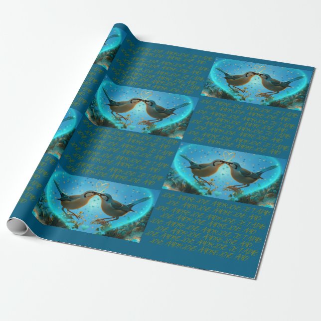 LOVE BIRDS - WRAPPING PAPER BLUE (Unrolled)