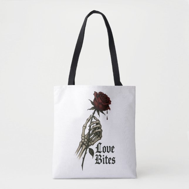 Love Bites: Gothic Rose & Skeleton Hand Art Tote Bag (Front)