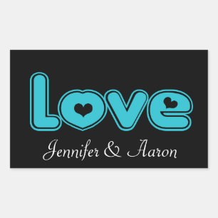 Love Black and Blue Turquoise Heart Wedding Party Rectangular Sticker