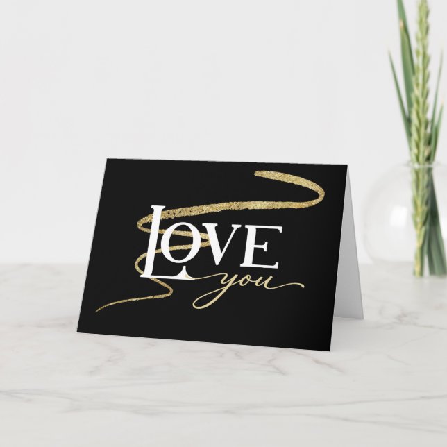 LOVE- Black w/Gold Swoosh Valentine Holiday Card (Front)