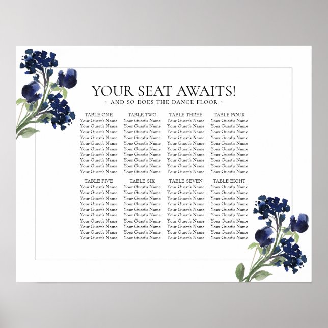 Love Bloom | Chic Navy Blue Blush Floral Seating Poster (Front)