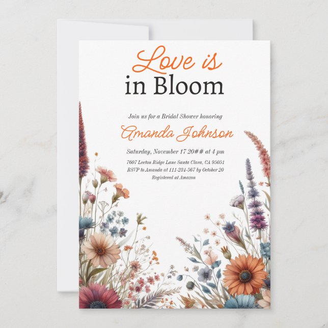 Love Bloom Wildflower Orange Floral Bridal Shower Invitation (Front)