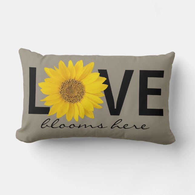 Love Blooms Here Sunflower Grey Lumbar Pillow (Front)