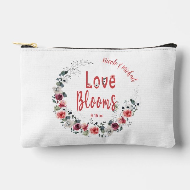 Love Blooms Personalised Bride Groom Wedding Date Accessory Pouch (Front)