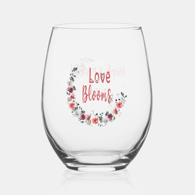 Love Blooms Personalised Bride Groom Wedding Date Stemless Wine Glass (Front)