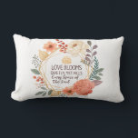 Love Blooms Quietly – Floral Quote Watercolour  Lumbar Cushion<br><div class="desc">Celebrate the gentle beauty of love with this elegant floral quote design. Featuring soft watercolor flowers in warm peach, blush, and cream tones, framed with a modern gold geometric wreath, this artwork carries the heartfelt message: “Love blooms quietly, yet fills every space of the soul.” Perfect for romantic gifts, weddings,...</div>