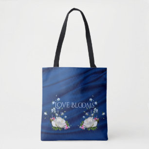 Love Blooms White Roses Blue Drape Custom Tote Bag