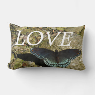 lOVE ,blue butterfly on pebbles inspiration pillow