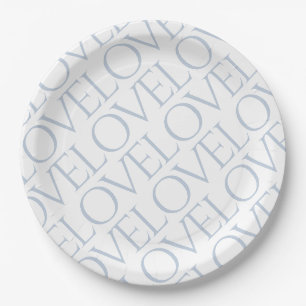 Love Blue Grey Typographic Pattern Paper Plates