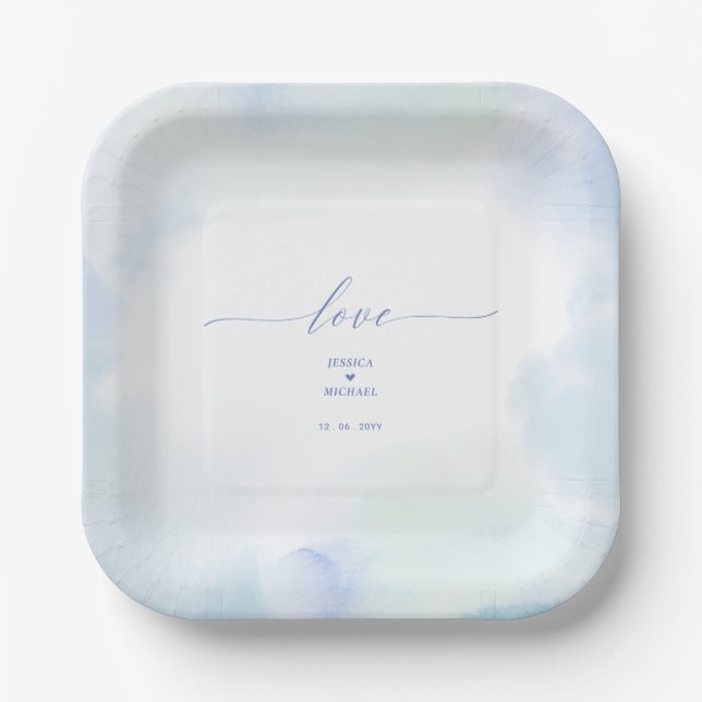 Love | Blue Heart & Watercolor Wedding Paper Plate (Front)