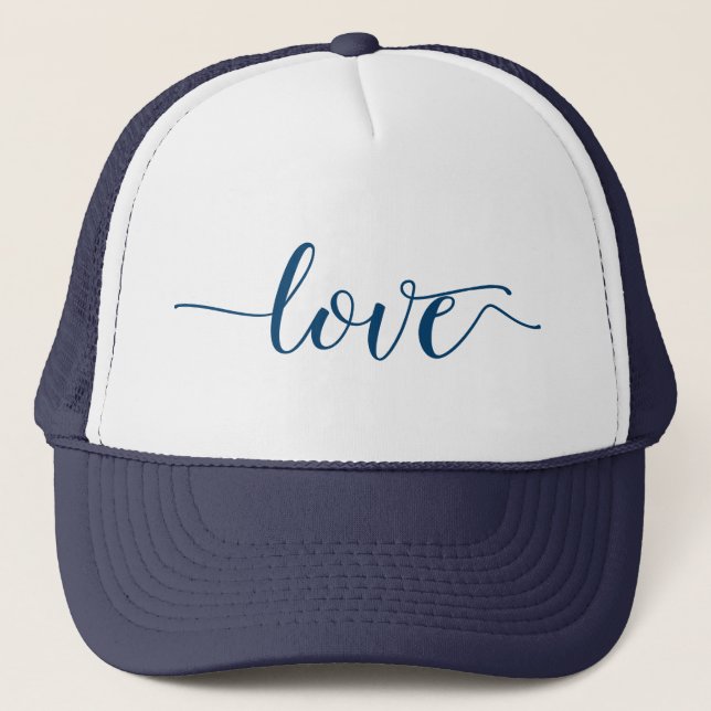 Love Blue Script Typography Trucker Hat (Front)