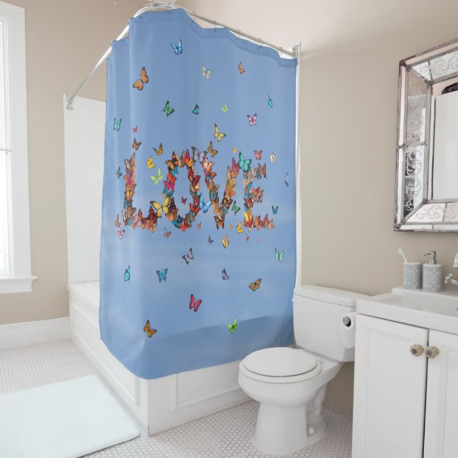 LOVE Blue Sky Butterflies | Inspirational Hope Joy Shower Curtain (In Situ)