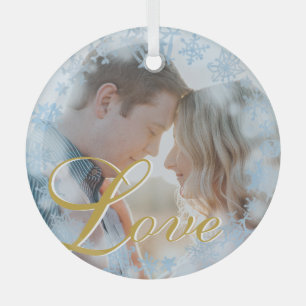 Love Blue Snowflakes Frame Personalised Photo Glass Tree Decoration