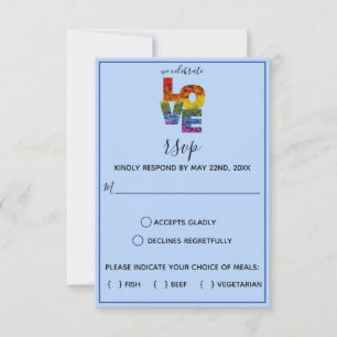 LOVE Blue Themed Flowers Same-Sex Wedding RSVP Car Card