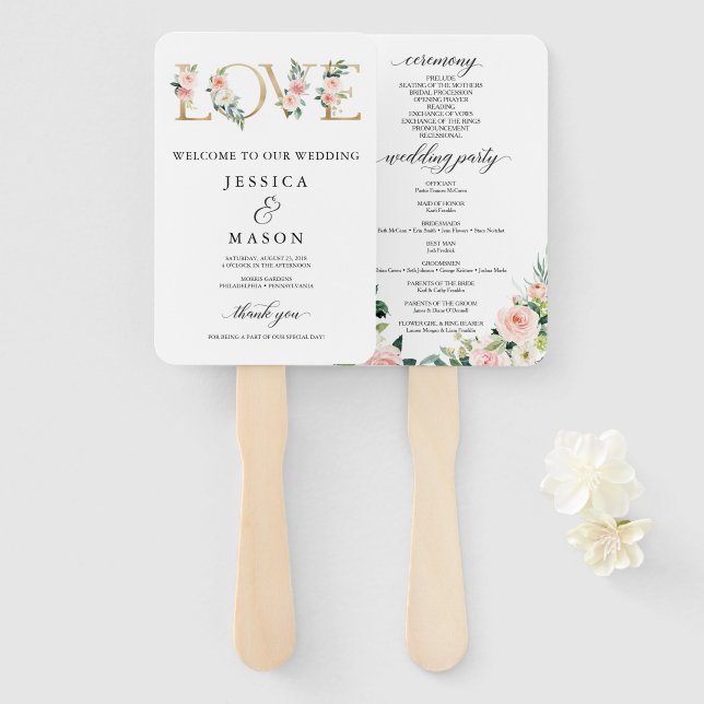 Love Blush Florals Wedding Program Fan (Front and Back)