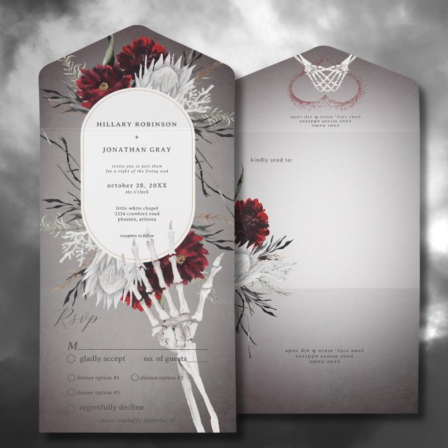 Love & Bones Spooky Red Floral Wedding Dinner All In One Invitation (Love & Bones Spooky Red Floral All In One Wedding Invitation with Dinner Options)