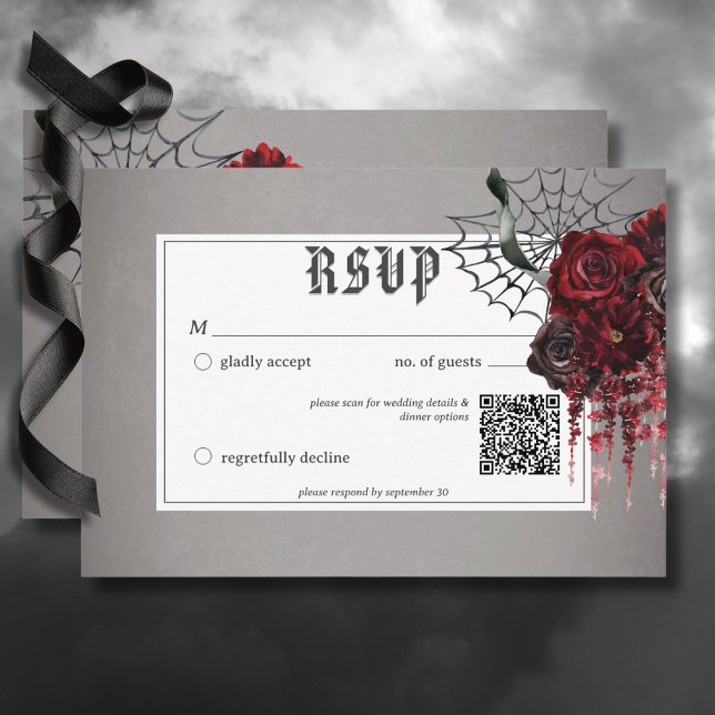 Love & Bones Spooky Red Floral Wedding QR Code RSVP Card (Love & Bones Spooky Red Floral Wedding Response Card with QR Code)