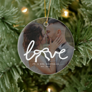 Love Bow Mr and Mrs Custom Couples Wedding 2 Photo Ceramic Tree Decoration
