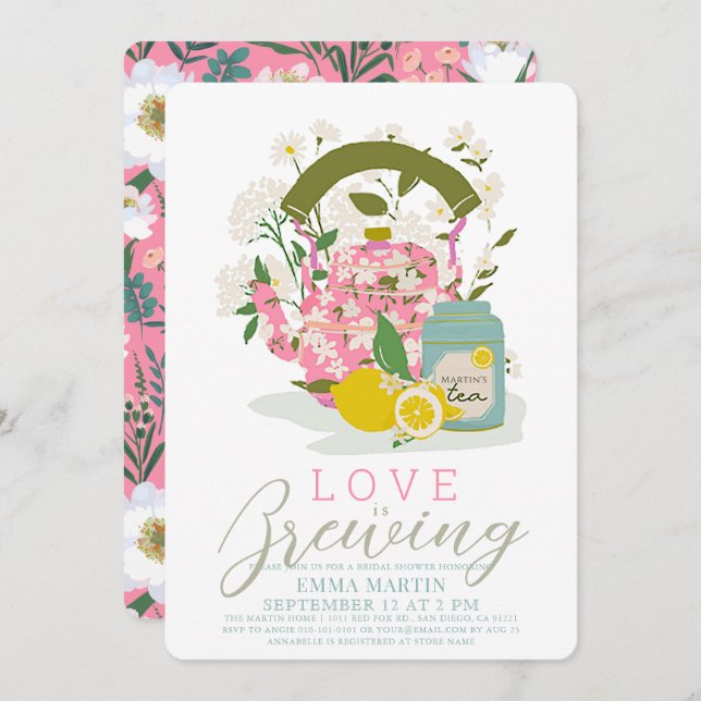 Love Brewing Pink Floral Tea Party Bridal Shower Invitation (Front/Back)