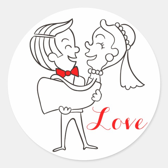 Love Bride And Groom Wedding Red, Black & White Classic Round Sticker (Front)