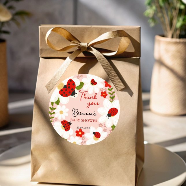 Love bug daisies cute ladybug baby shower favour classic round sticker (Love bug daisies cute ladybug baby shower favors personalized thank you stickers)