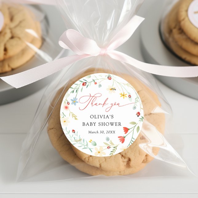 Love bug Garden Wildflower Baby Shower Thank you Classic Round Sticker (Creator Uploaded)