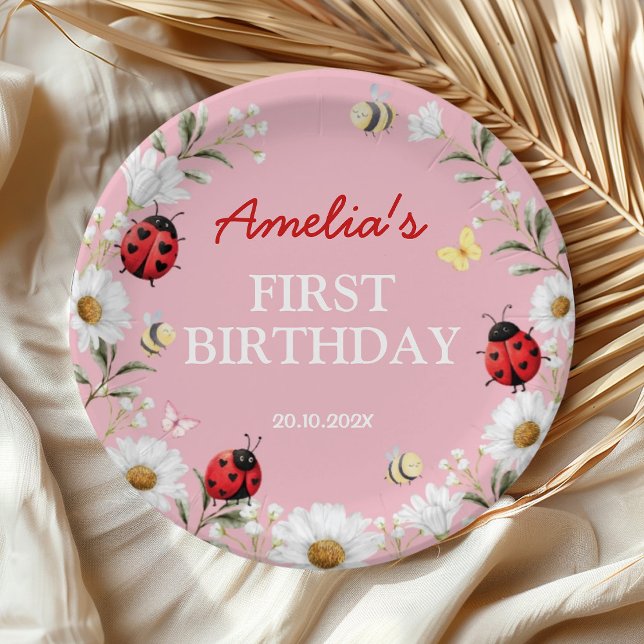 Love Bug Ladybug Daisy Floral Birthday Party Paper Plate (Creator Uploaded)