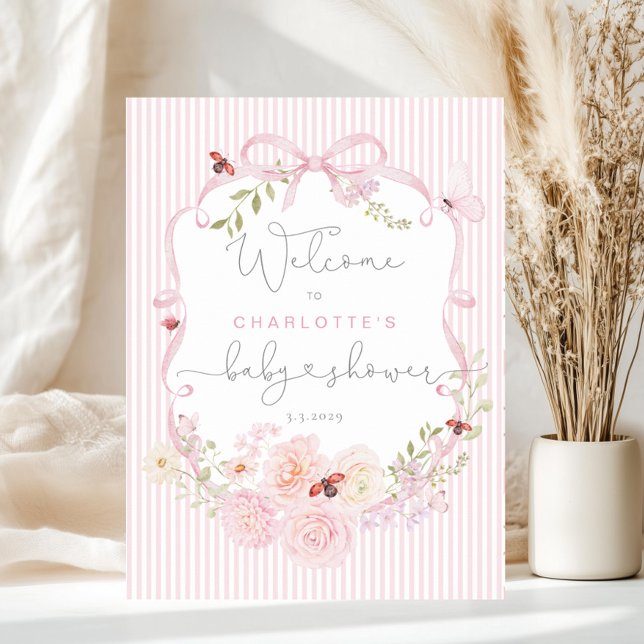 Love Bug Pink Bow Stripes Baby Shower Welcome Poster (Creator Uploaded)