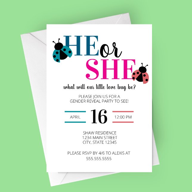 Love Bug Spring Gender Reveal Party Invitation (He or She What Will Our Little Love Bug Be Spring or Summer Gender Reveal Party Invitation)