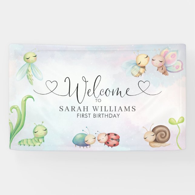 Love Bug Watercolor Girl 1st Birthday Welcome Banner (Horizontal)