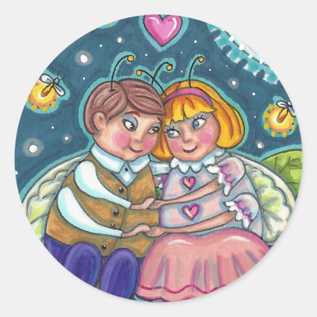 LOVE BUGS, FIREFLIES & FULL MOON, CUTE VALENTINE CLASSIC ROUND STICKER (Front)