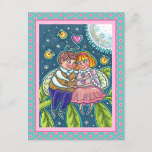 LOVE BUGS, FIREFLIES & FULL MOON, CUTE VALENTINE HOLIDAY POSTCARD
