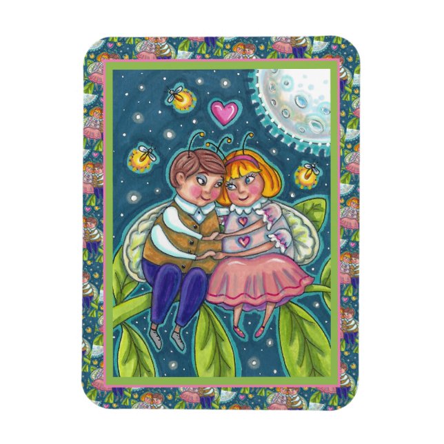 LOVE BUGS, FIREFLIES & FULL MOON, CUTE VALENTINE MAGNET (Vertical)