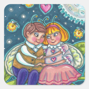 LOVE BUGS, FIREFLIES & FULL MOON, CUTE VALENTINE SQUARE STICKER