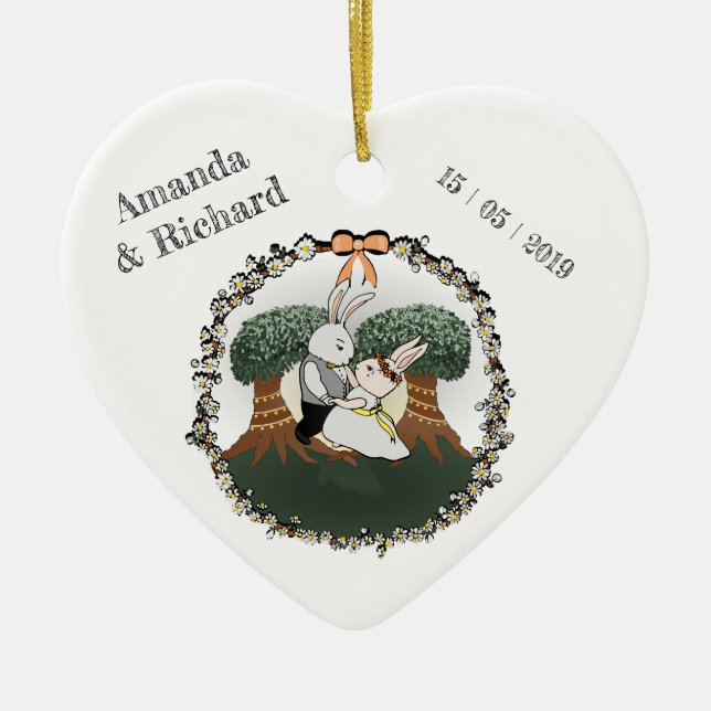 Love Bunnies | Custom Wedding Anniversary Heart Ceramic Tree Decoration (Front)